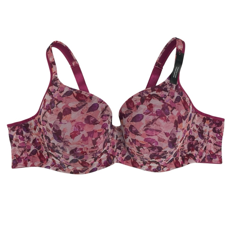 Deesse Womens Underwire Contour T-Shirt Pink & Burgundy Mesh Floral Bra 48C